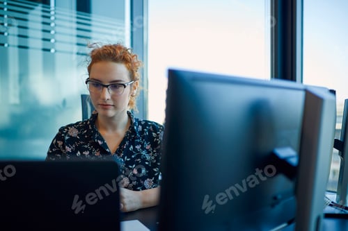 Preview: Businesswoman working at desk in office