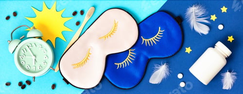 Preview: Sleeping masks, pills, alarm clock, paper sun and stars on colorful backgrounds