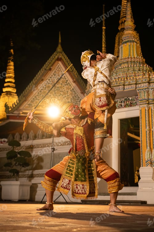 Preview: Close-up of two Thai Khon dancers wearing traditional masks