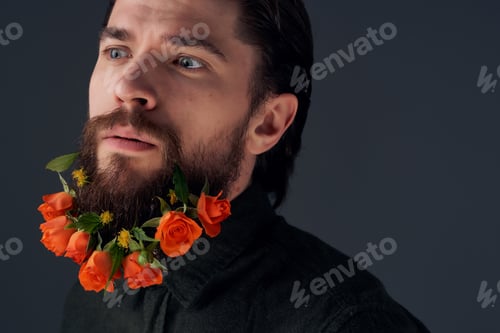 Preview: handsome man hairstyle fashion flowers emotions dark background