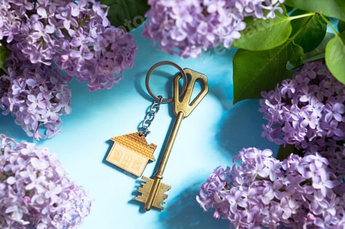 Preview: House key with keychain on blue spring background and lilac branches.Summer holiday