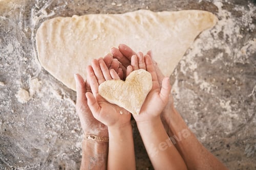 Preview: Top view, hands and heart with parent baking with kid, teaching and bonding together, weekend break