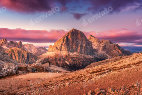 Preview: Mountains at sunset in Dolomites, Italy. Landscape
