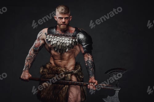 Preview: Brutal tattooed warrior wearing light armour and fur holding two-handed axe in dark studio