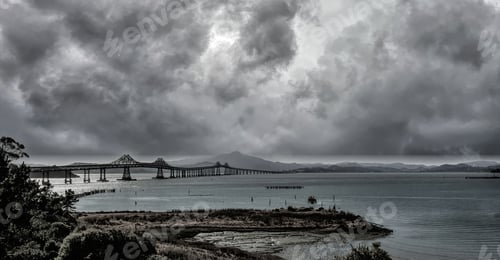 Preview: Black-and-white view of San Rafael Bridge in Molate Beach, California