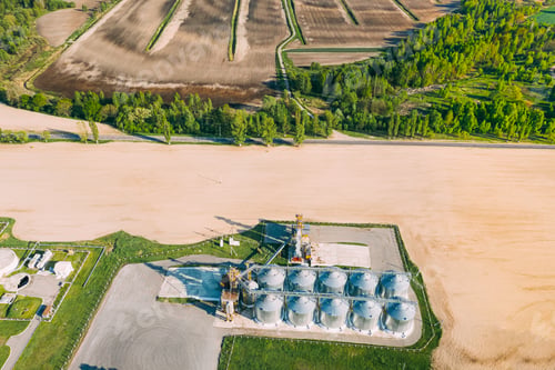 Preview: Aerial View Modern Granary, Grain-drying Complex, Commercial Grain Or Seed Silos In Sunny Spring