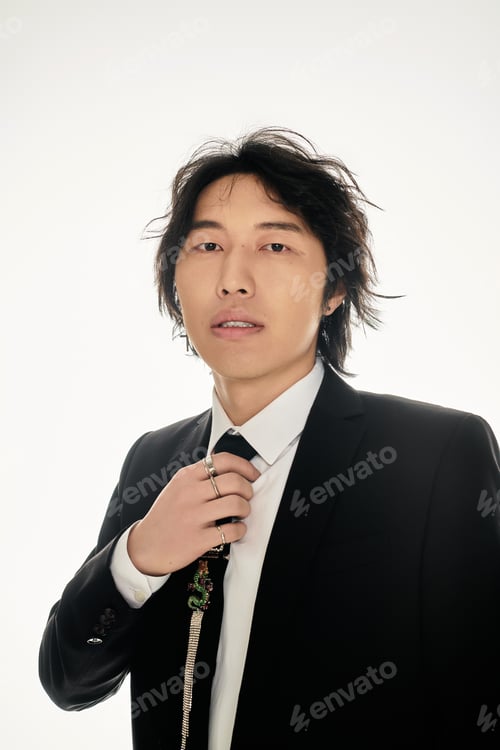 Preview: Stylish young asian man enhancing his look with a chic accessory in a modern setting