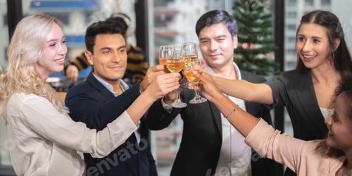 Preview: businessman and business partner person team in success, happy and fun in group celebration party