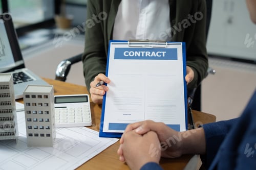 Preview: Real estate broker agent presenting and consult to customer to decision making sign insurance