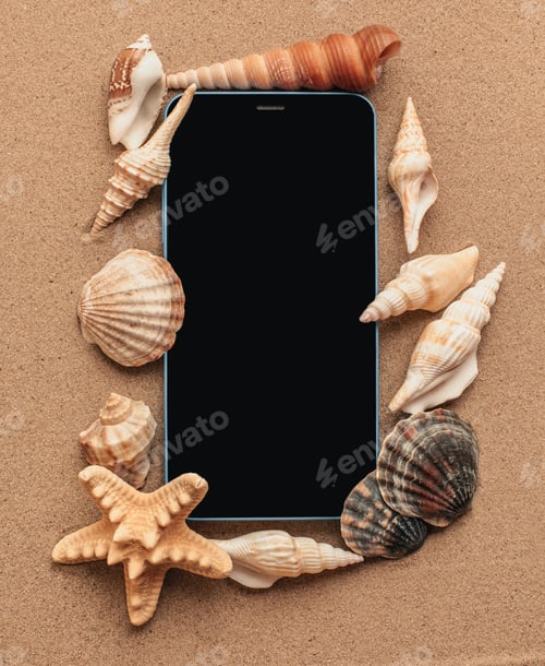 Preview: Starfish, Seashells In The Sand Smartphone. Sand Texture