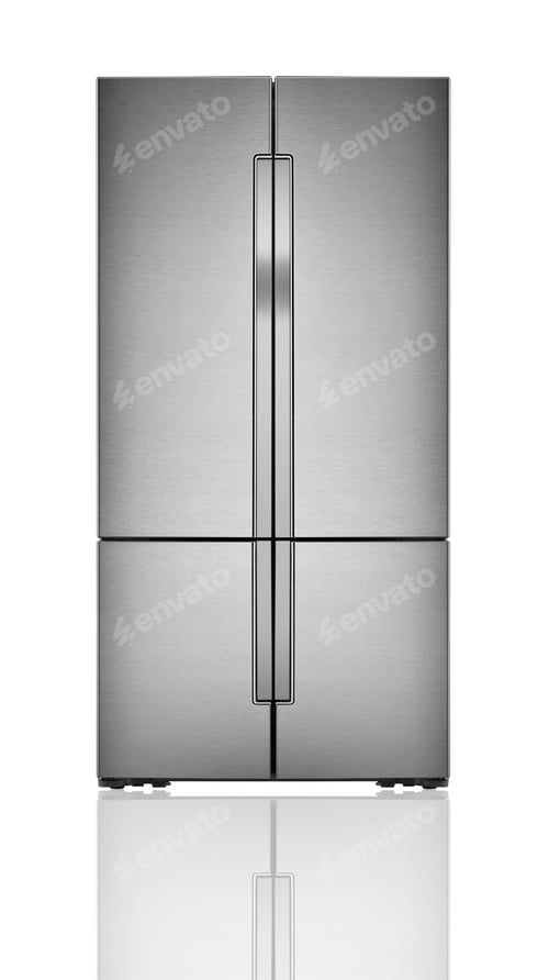 Preview: Sleek Stainless Steel Refrigerator on a White Background