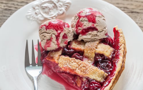 Preview: Slice of cherry pie with balls of chocolate ice cream