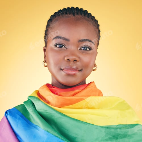 Preview: Black woman, portrait, pride flag and lgbtq with lesbian, freedom and support isolated on yellow st