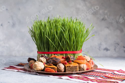 Novruz setting table decoration, wheat grass, Azerbaijan national pastry pakhlava