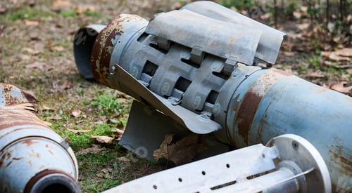 Preview: The tail section of a 220 mm rocket for the Uragan rocket fire system on city flowerbed in Mykolaiv