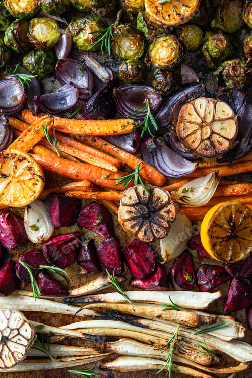 Preview: Mixed root vegetable roast with herbs. Healthy simple grill food