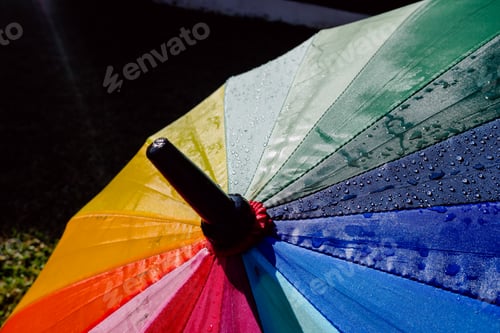 Preview: Detail of an umbrella with raindrops after a rainy day.