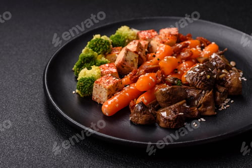 Preview: Colorful vegan vegetarian dish consists of tofu, broccoli, quinoa, mushrooms