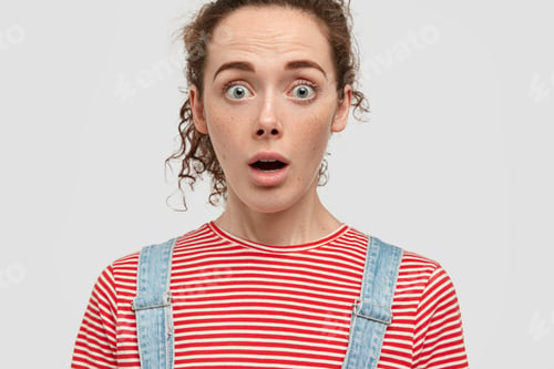 Preview: Close up shot of frecked bugged eyed beautiful girlfriend finds out about boyfriends betrayal, keeps