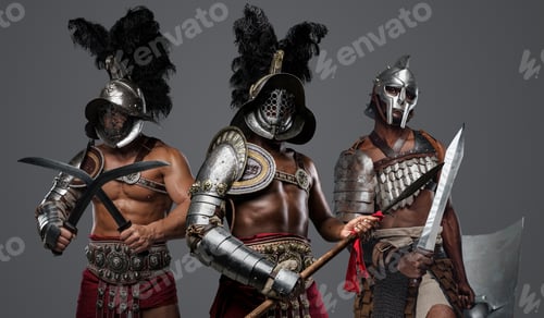 Preview: Three ancient gladiators with plumed helmet and swords