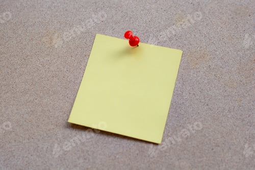 Preview: Yellow sticky note is pinned to corkboard with red pushpin, creating simple and organized look