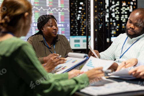 Preview: Marketing team evaluating sales and profit within infographics data