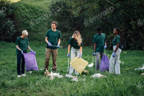 Preview: Group of volunteers collecting garbage in park