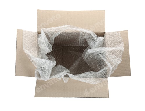 Preview: Transparent bubble wrap in cardboard box isolated on white, top view