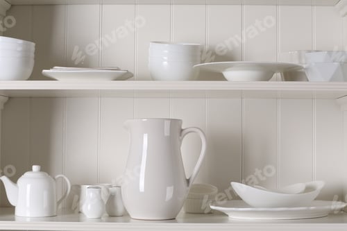 Preview: Stylish storage stand with different ceramic dishware at home