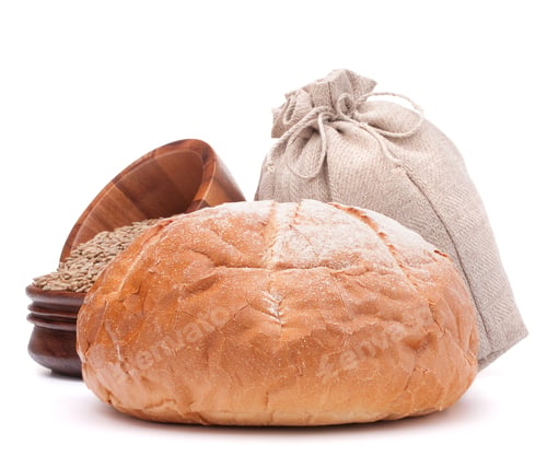 Preview: Bread, flour sack and grain isolated on white background cutout