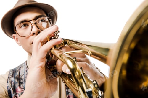 Preview: selective focus of mixed race male musician in stylish hat and eyeglasses playing on trumpet