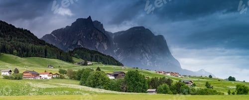 Preview: Panoramic dramatic image of scenery in the Dolomites. Summer in