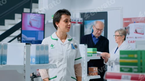 Preview: Pharmacist placing medicine on shelves