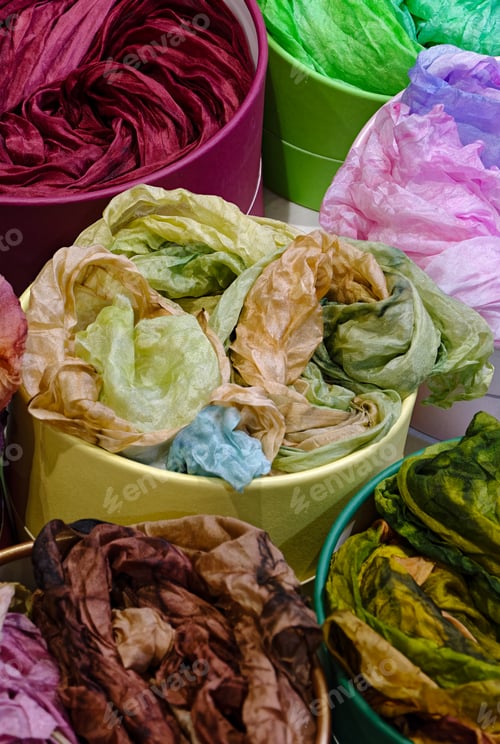 Preview: Group of multicolored silk scarves with abstract batik design