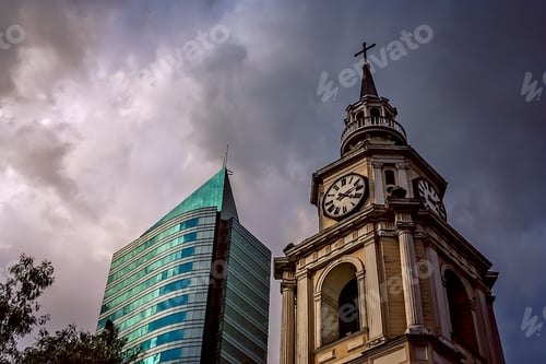 Preview: Old church clock tower and modern highrise apartment