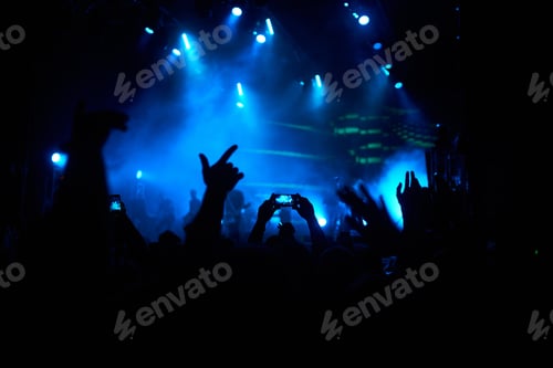 Preview: Hand with a phone records live music festival. People taking photographs with phone during concert.