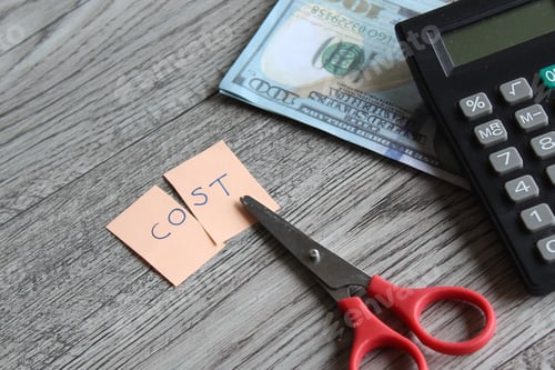 Preview: Scissor, calculator, money and note with text COST