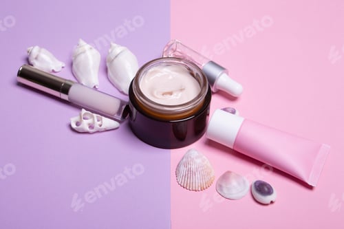 Preview: Beauty background with facial cosmetic products with empty copy space. Makeup, skin care concept