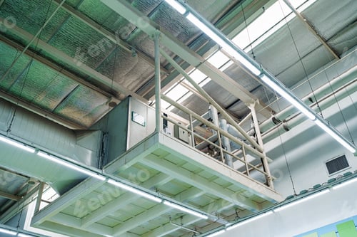 Industrial ceiling ventilation system with ducts and insulation in factory