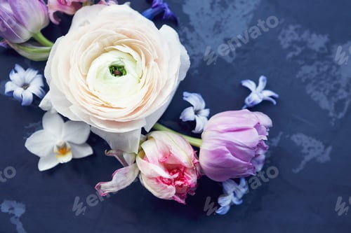Preview: Festive invitation card with beautiful flowers on the dark background