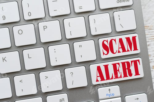 Preview: White computer Keyboard with red keys that says SCAM ALERT, online dangers Concept