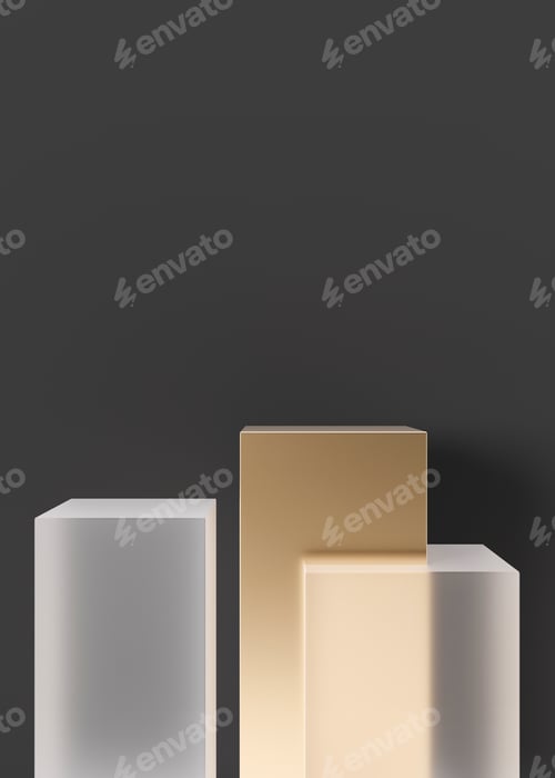 Preview: Golden and glass podiums set for product, cosmetic presentation, on black vertical background.