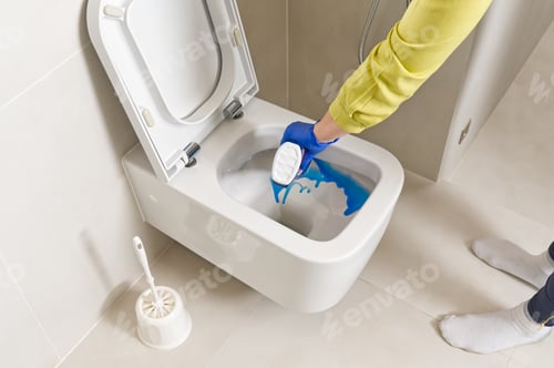 Preview: Wall mounted toilet cleaning. hotel maid cleans toilet with a scrub brush. woman household service
