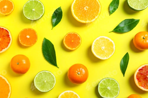 Preview: Different citrus fruits and leaves on color background, flat lay