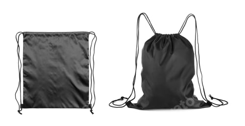 Preview: Collage of empty and filled black drawstring bag isolated on white