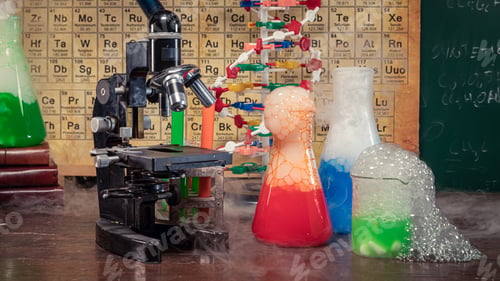 Preview: Chemical tests in academic laboratory with beakers.