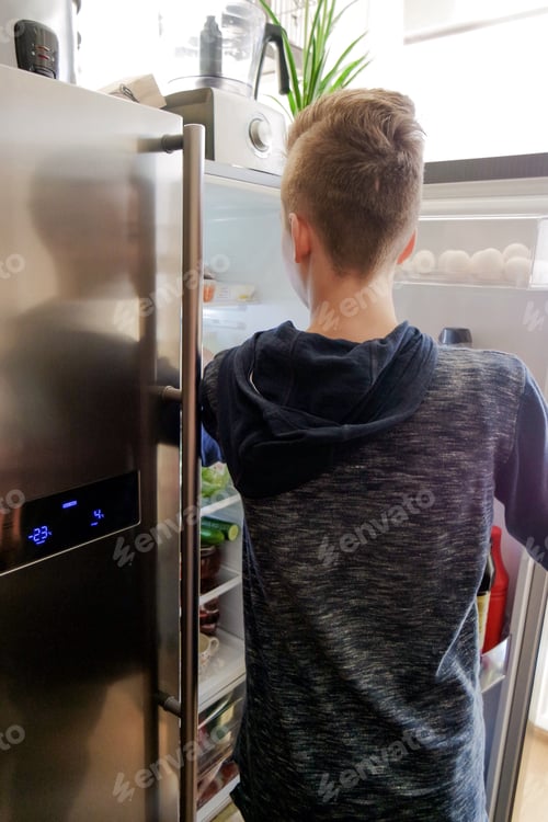 Preview: Boy grabbing something to eat from refrigerator.