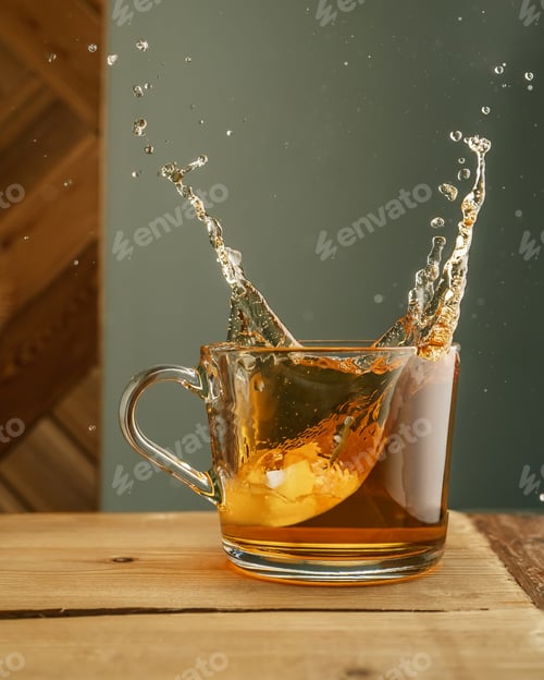 Preview: Transparent mug with tea and splashes on a green background.