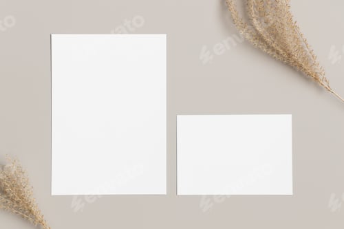 Preview: Wedding invitation stationery mockup with a dried grass decoration. Dimensions: 5x7", 5x3.5", 6x4".