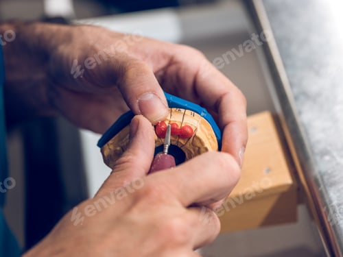 Preview: Crop dental technician grinding jaw denture in workshop